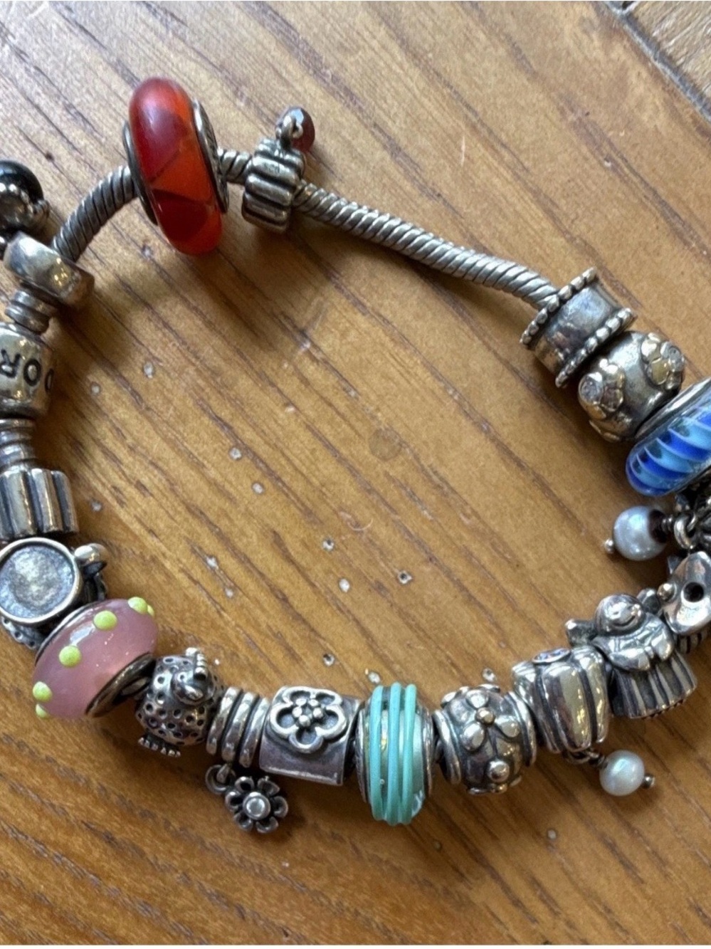 Pandora Silver & 14k Charm Bracelet with Pink, blue and Aqua Glass Beads